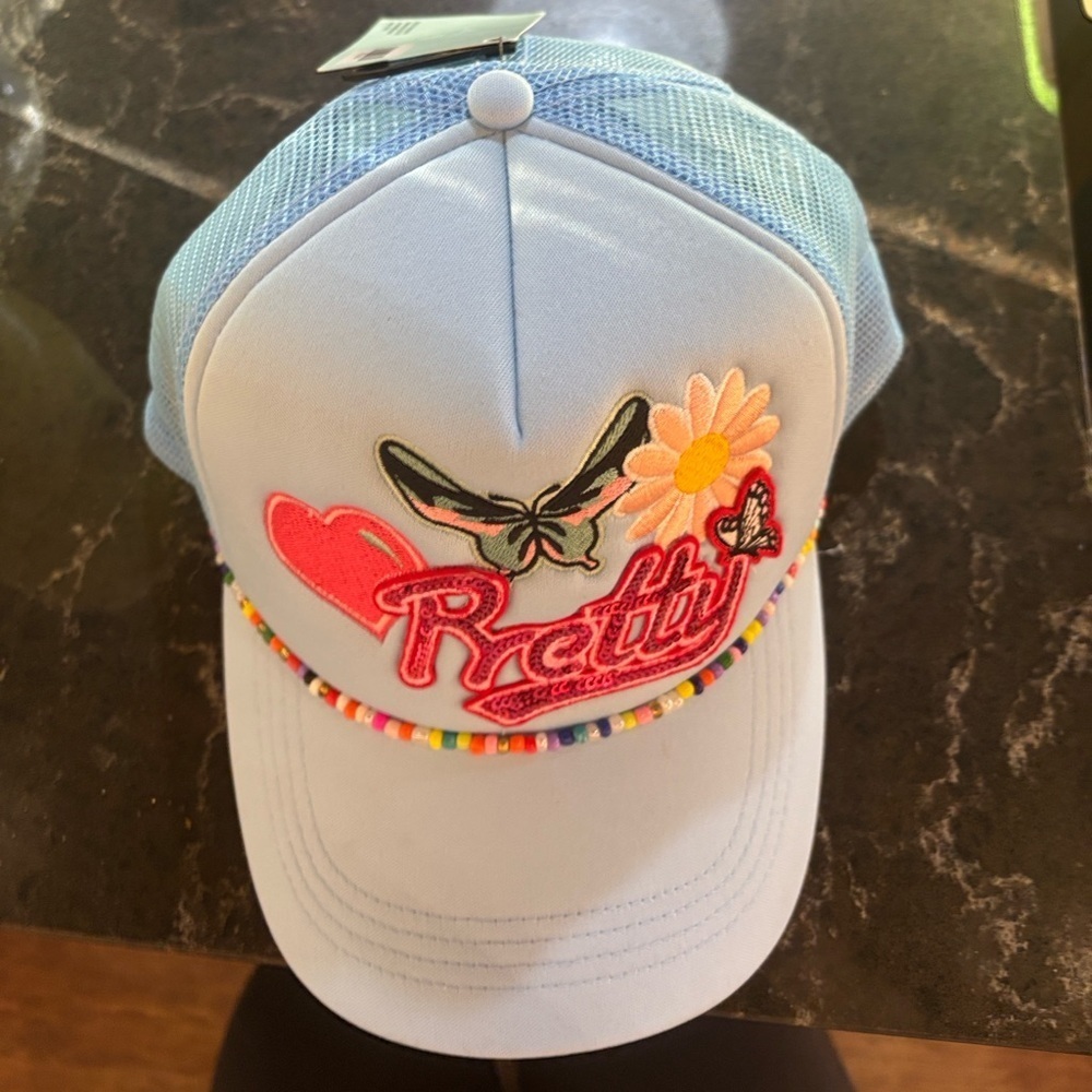 The Spring shop  Beaded Rhinestone Heart Butterfly Daisy Adjustable Cap NWT - Picture 11 of 11